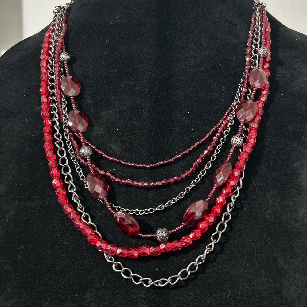 Red and Black Layered Necklace with Multi-Strand Design